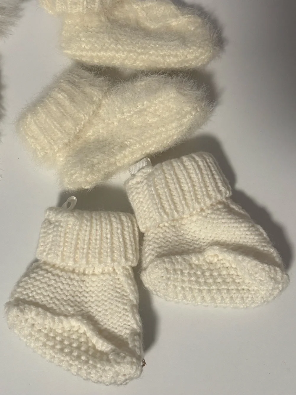 Cozy Cream Knit Baby Hat, Mittens & Booties Set - Soft Pom Pom